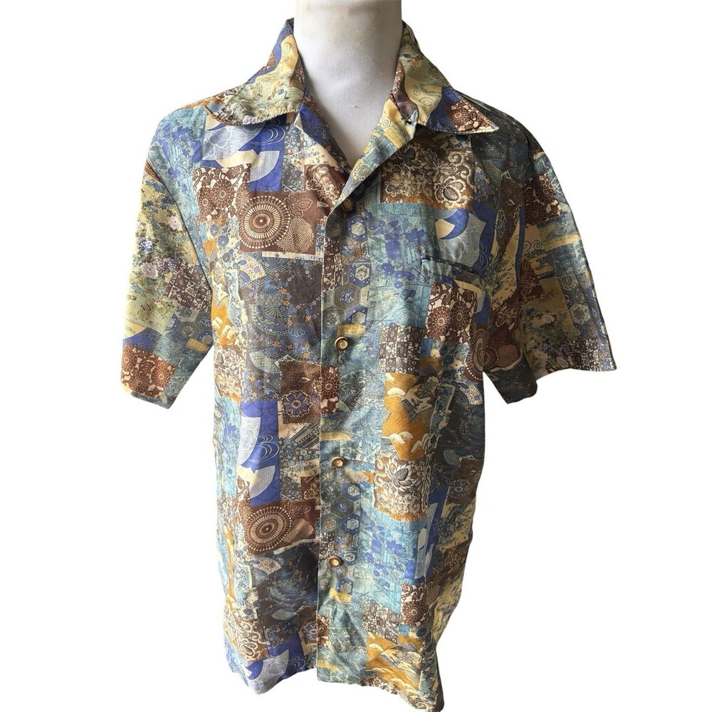 VTG Liberty House Hawaii Made Camp Shirt Art Deco Patchwork Asian Disco Unisex